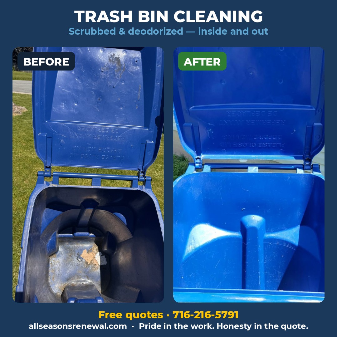 Real before and after of a trash bin cleaning: filthy bin interior, then spotless after our clean