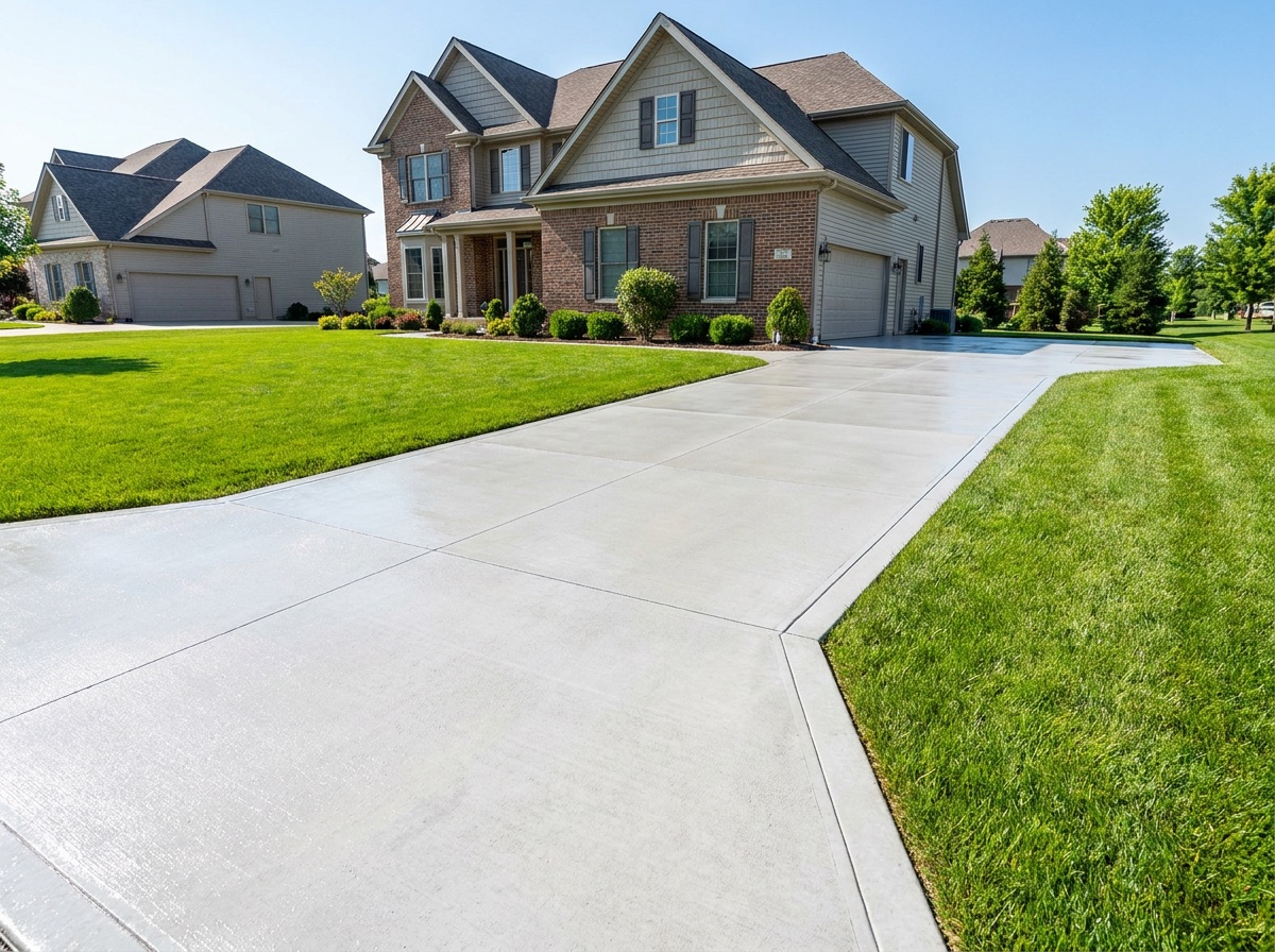 After — a freshly pressure-washed, clean concrete driveway
