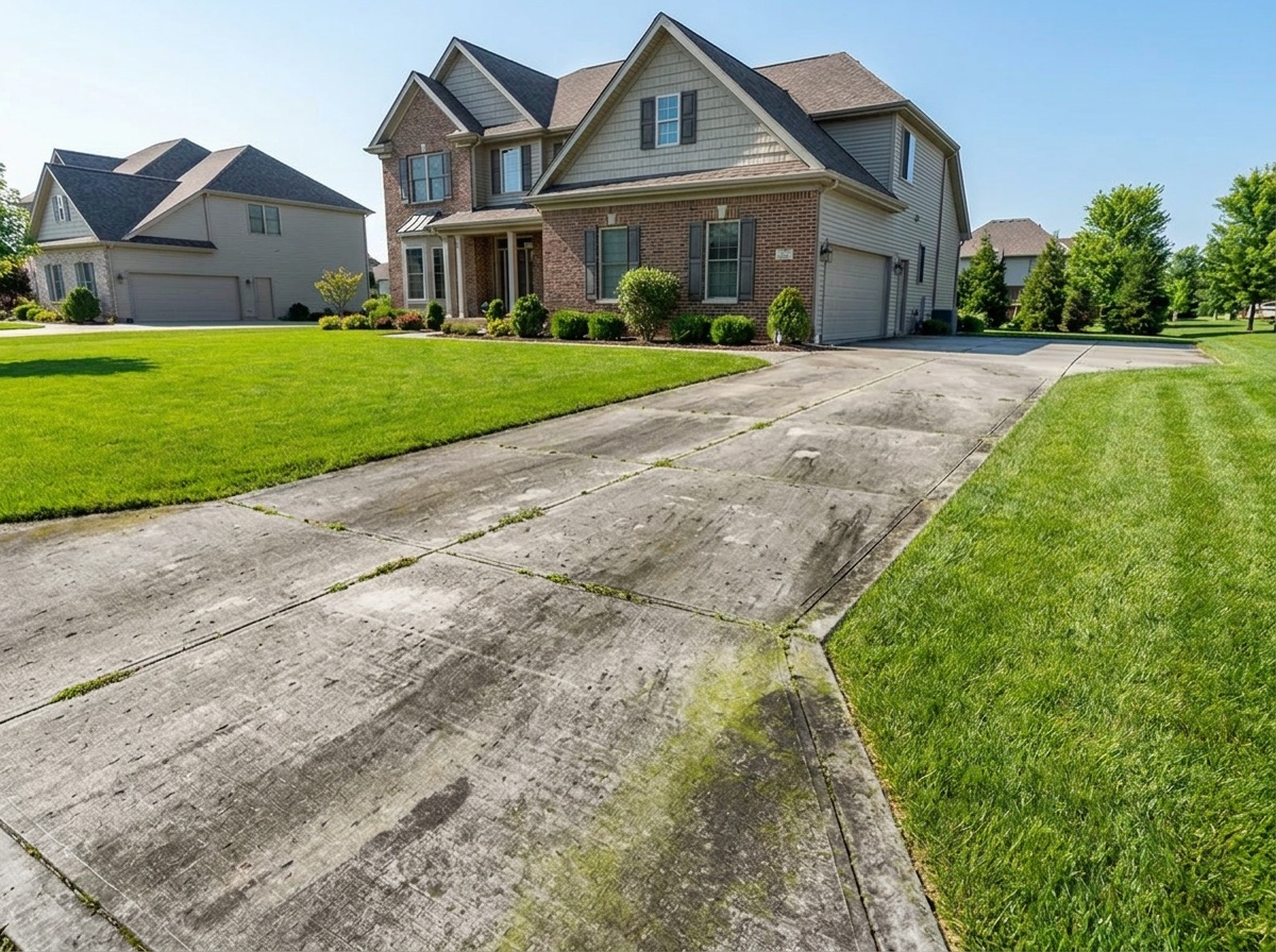 Before — a driveway stained with dirt, grime and algae