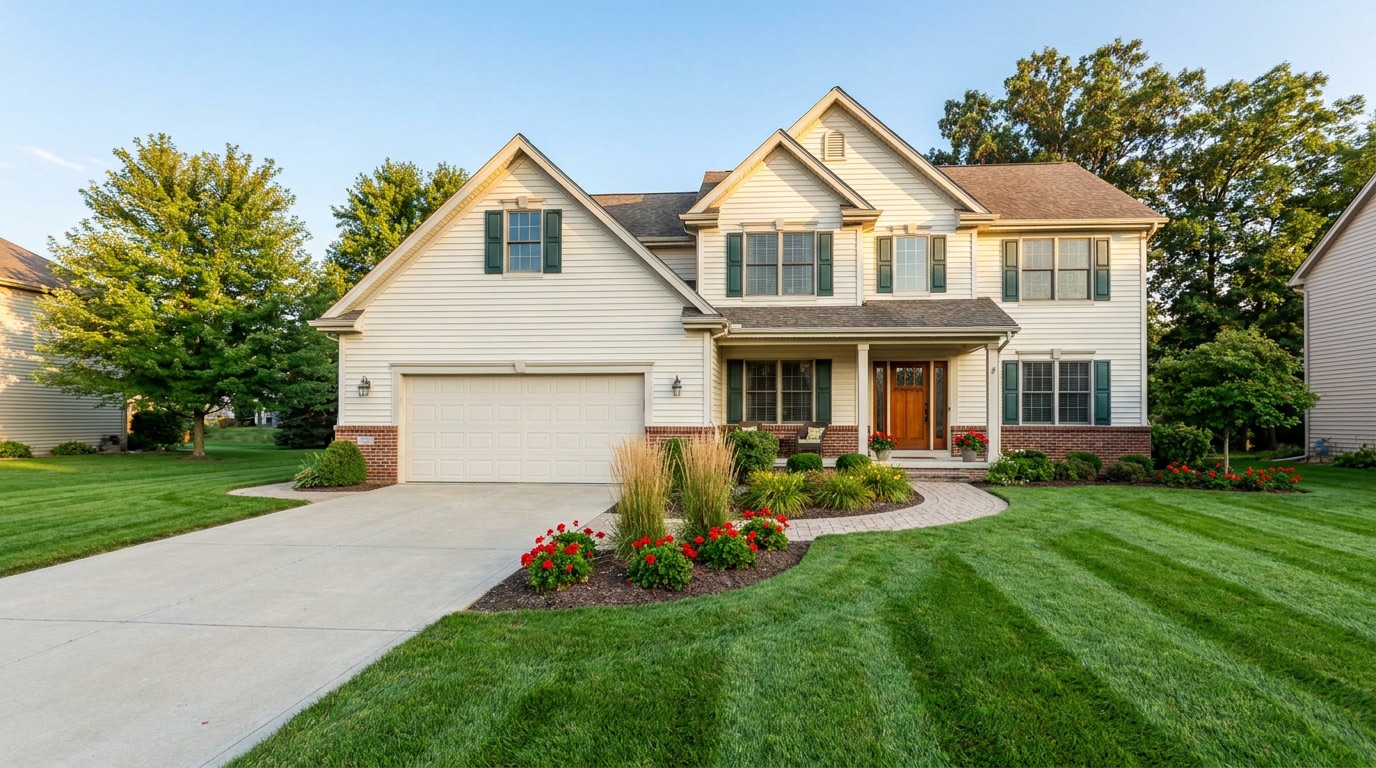 A freshly soft-washed Western New York home with a clean driveway and a lush, freshly mowed striped lawn